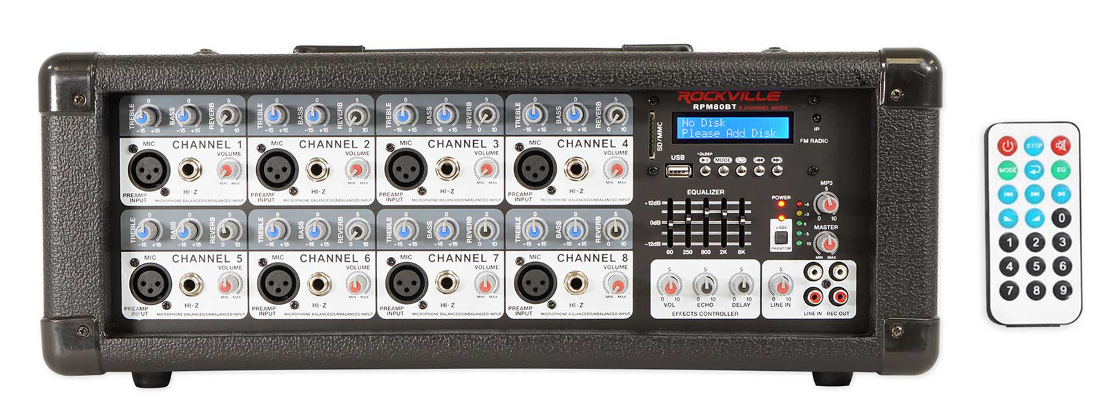 Rockville RPM80BT 2400w Powered 8 Channel Mixer/Amplifier w/Bluetooth/EQ/Effects