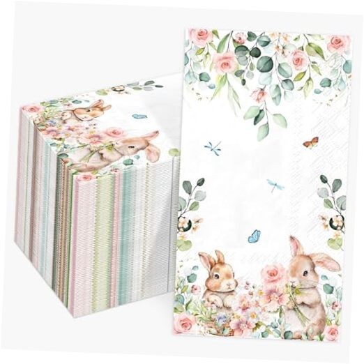 100pcs Easter Bunny Floral Guest Napkins Rabbit Flowers Spring Seasonal