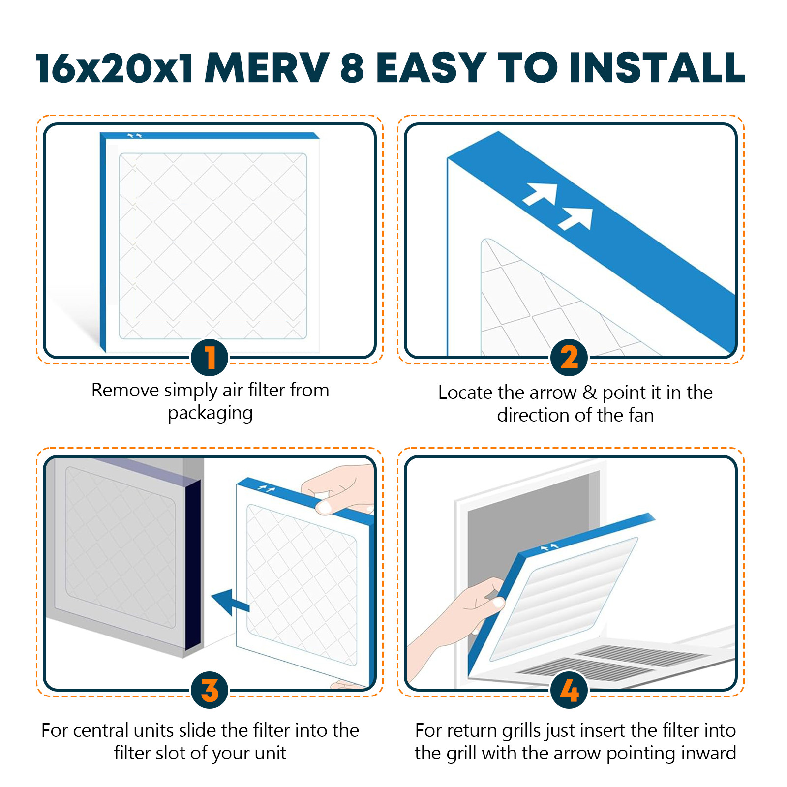 16x20x1 Air Filter, MERV 8, 6 Pack, MPR 600，For Home AC Furnace & HVAC