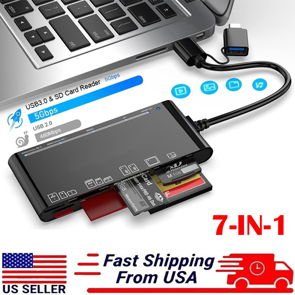 7 in 1 High Speed USB 3.0 USB C Memory Card Reader Adapter for Micro SD TF CF XD