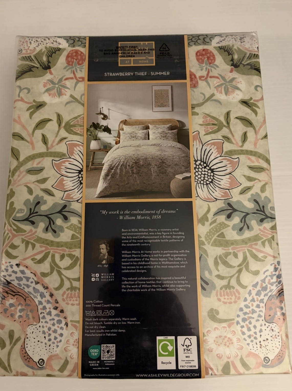 WILLIAM MORRIS Strawberry Thief Summer White Floral 3PC QUEEN Duvet Cover Set