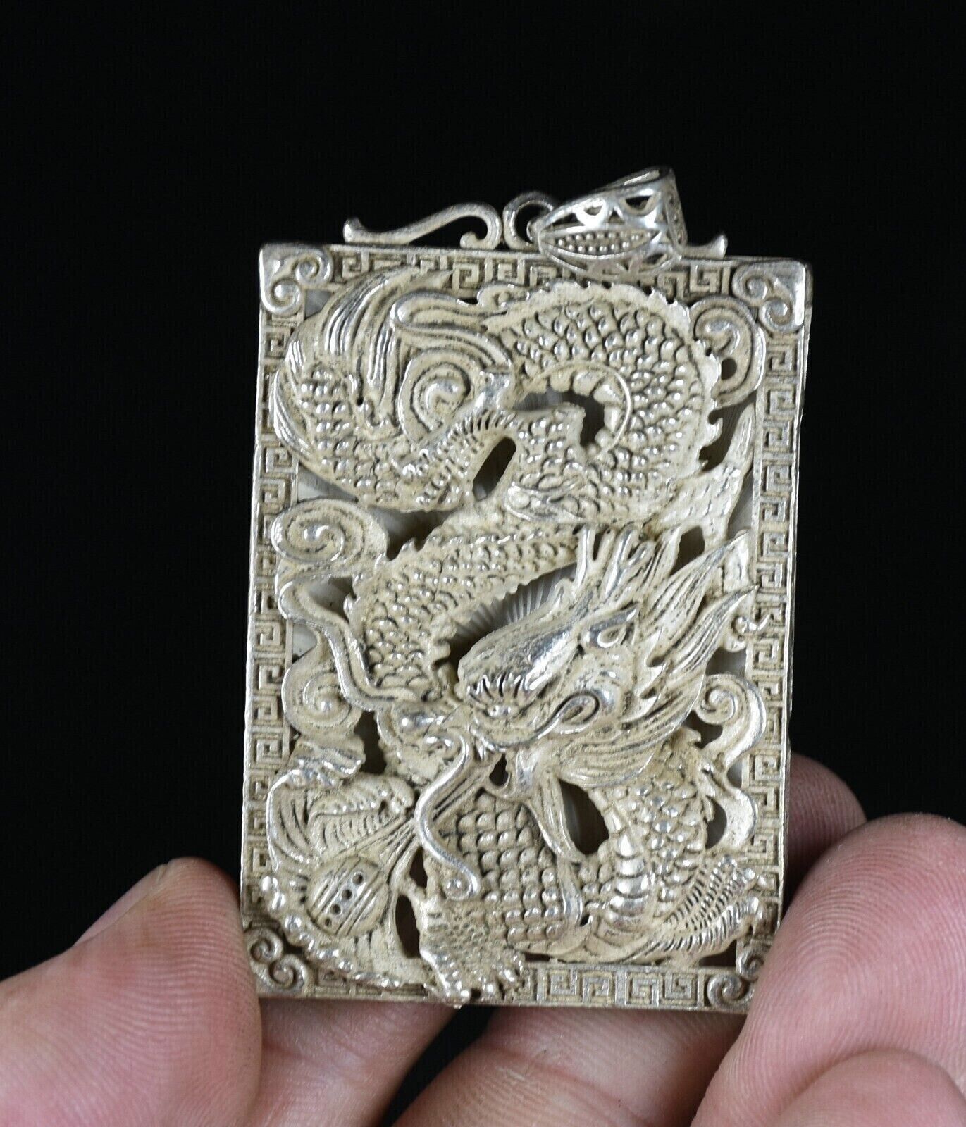5.5CM Rare Old Chinese Miao Silver Feng Shui Dragon Loong Luck Necklace Pendant