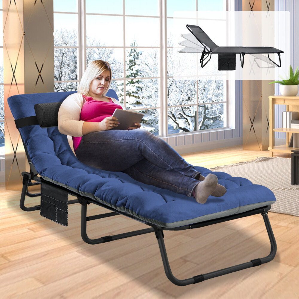 Slsy Folding Camping Cot 4-Position Outdoor Chaise Lounge Gray Pad Side Pockage
