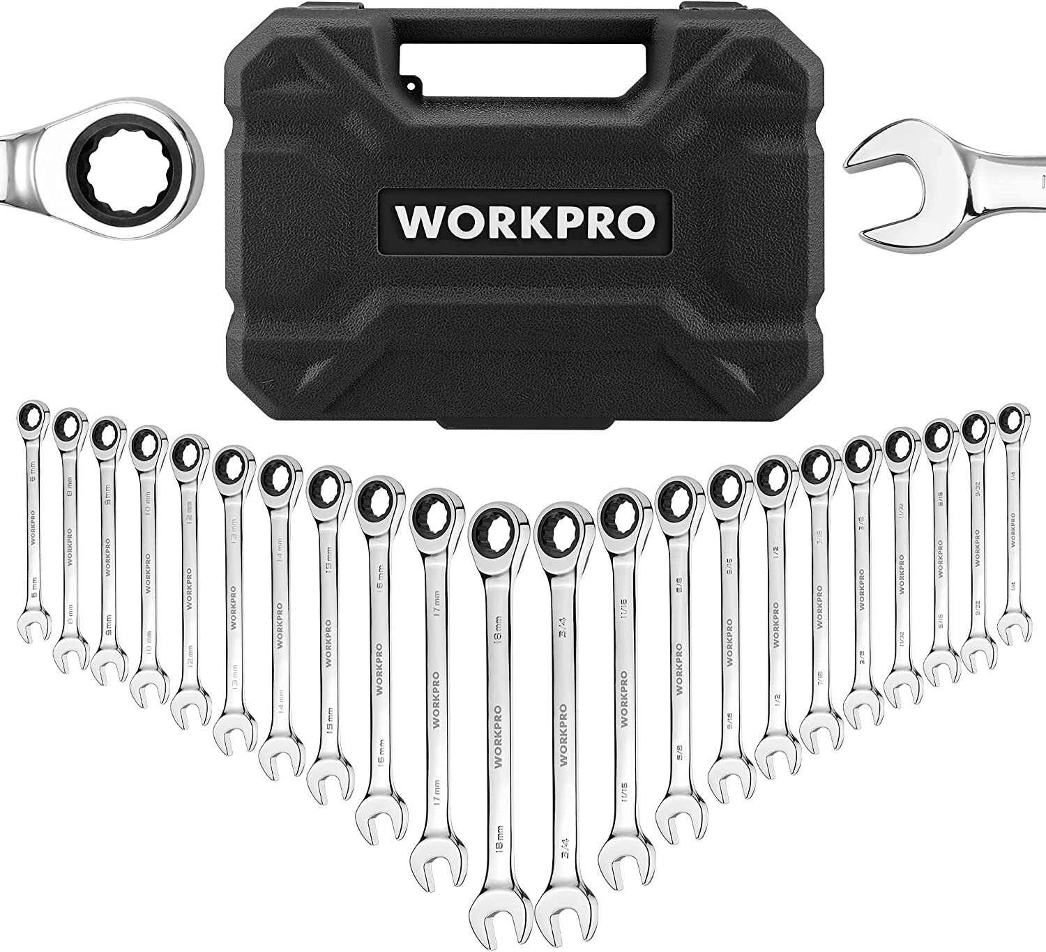 WORKPRO 22-Piece Ratcheting Combination Wrench Set Metric 6-18mm & SAE 1/4-3/4"