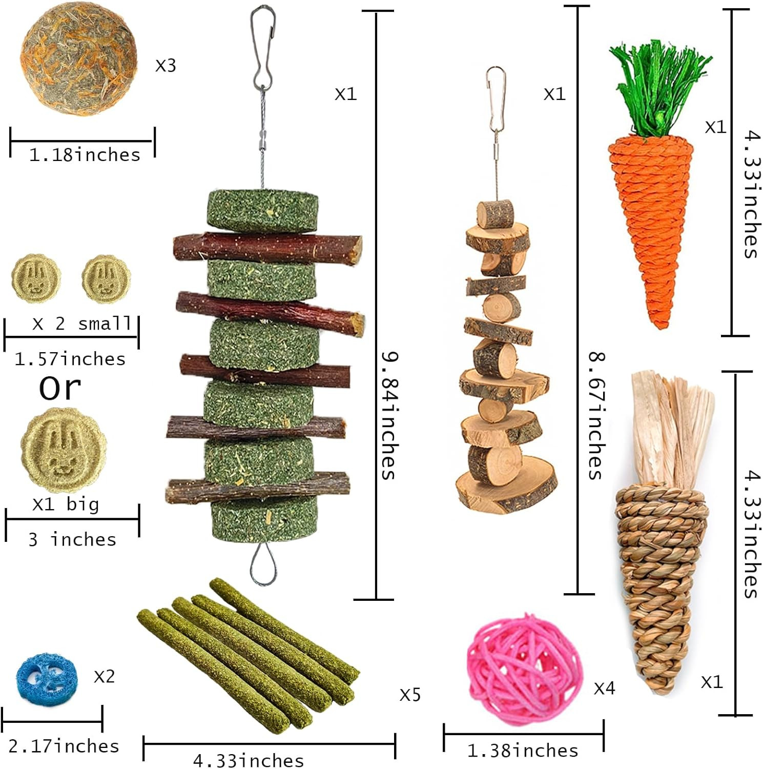 20PCS Bunny Chew Toys Natural Rabbit Guinea Pig Hamster Chinchilla Treat Set