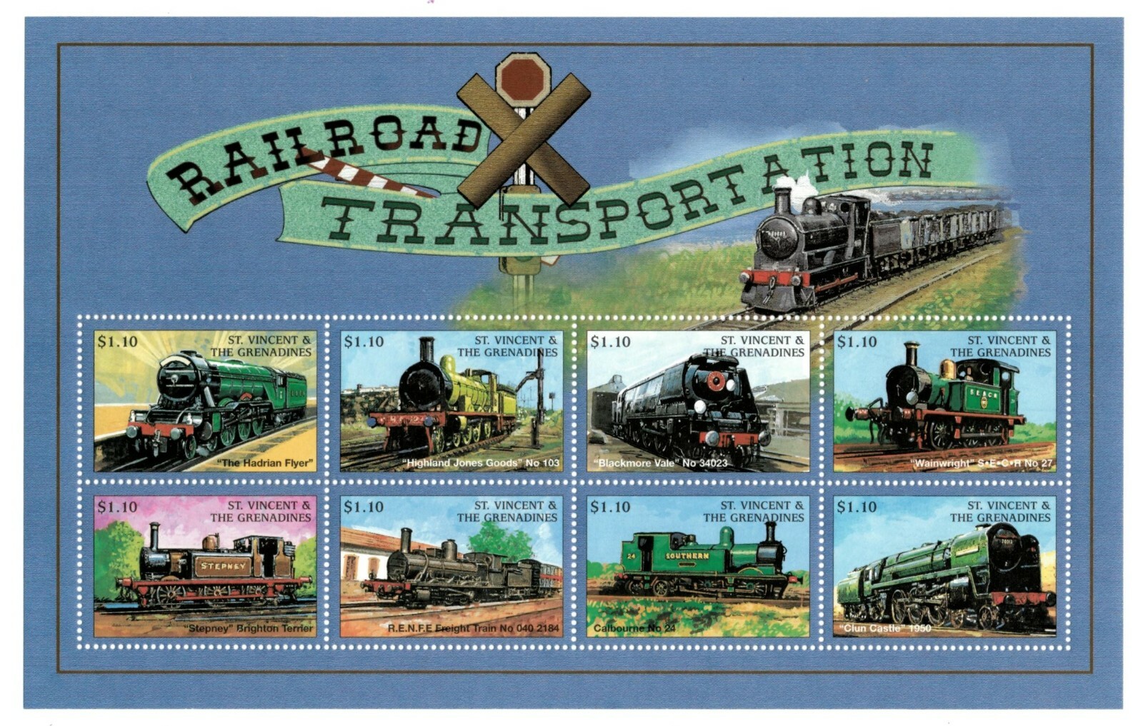 St. Vincent 1998 - Railroad Trains - Sheet of 8 Stamps - Scott #2596 - MNH