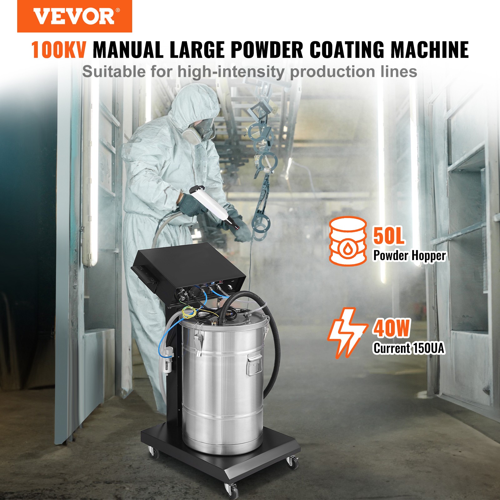 VEVOR Powder Coating System 40 W 100KV Electrostatic Output 50L Powder Hopper
