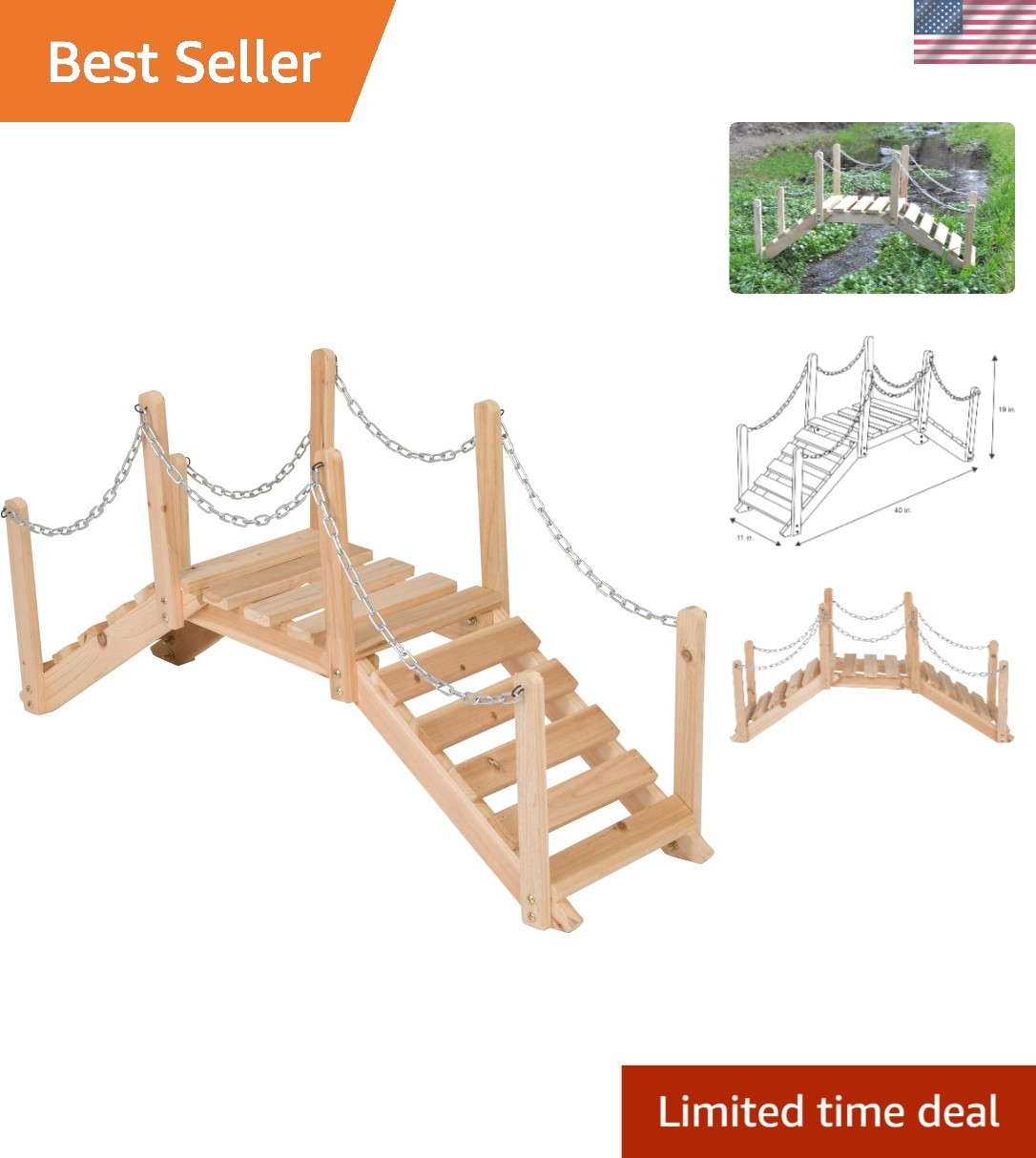 Natural Cedar Wood Garden Bridge with Side Rails - Perfect for Landscape Design