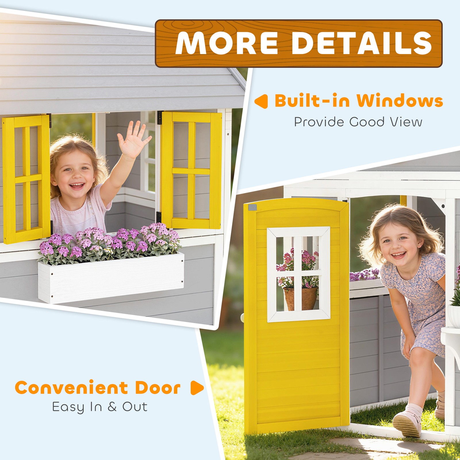 Outsunny Playhouse for Kids with Doors, Windows, Planter Pots and Boxes