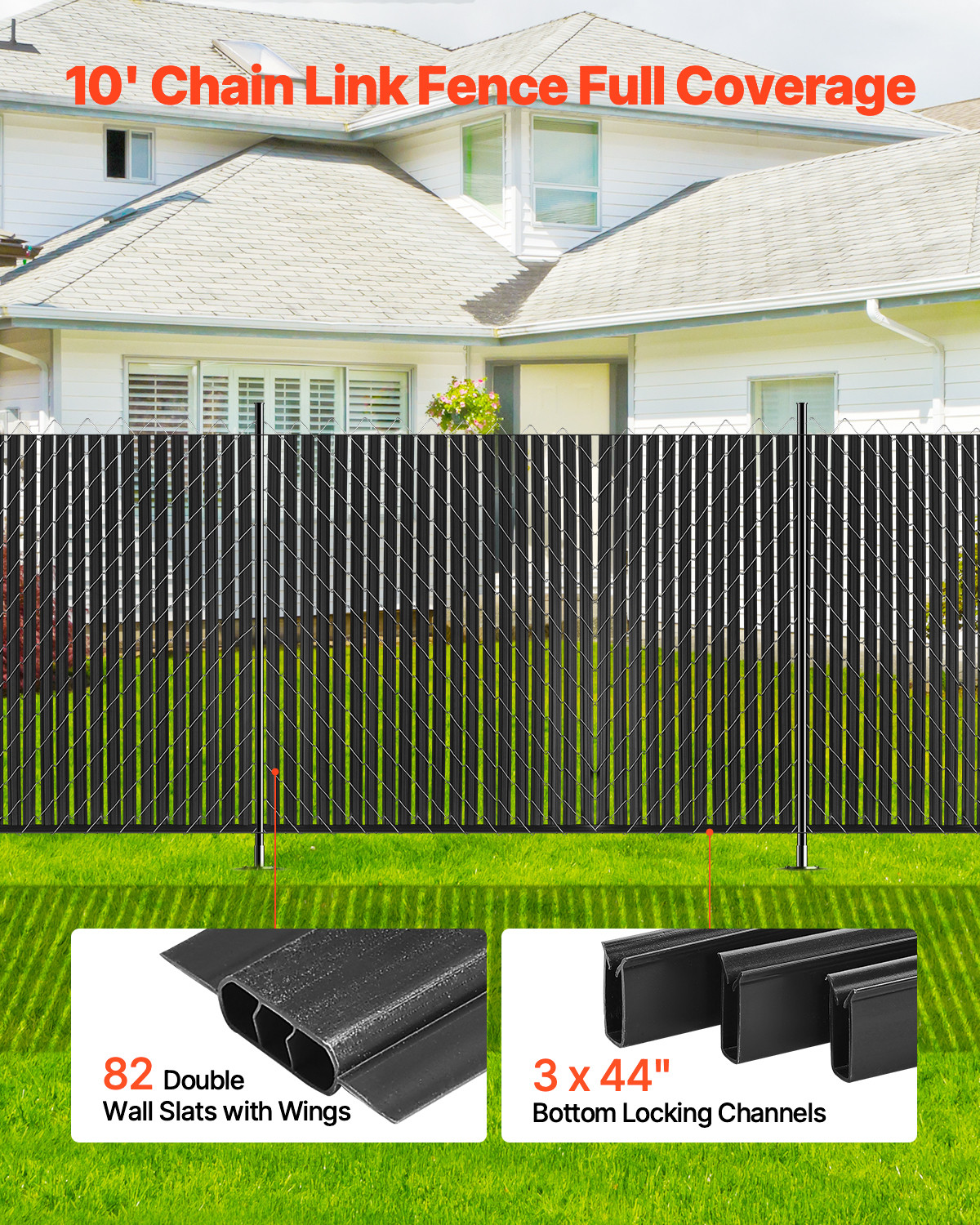 Chain Link Fence Privacy Slats Double-Wall with Wings for 6' High Fence Black