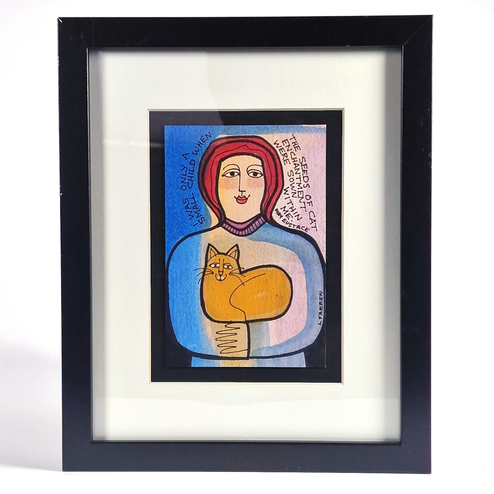 Lynne Farren Watercolor Painting Cat Held by Woman with Quote by May Eustace PNW