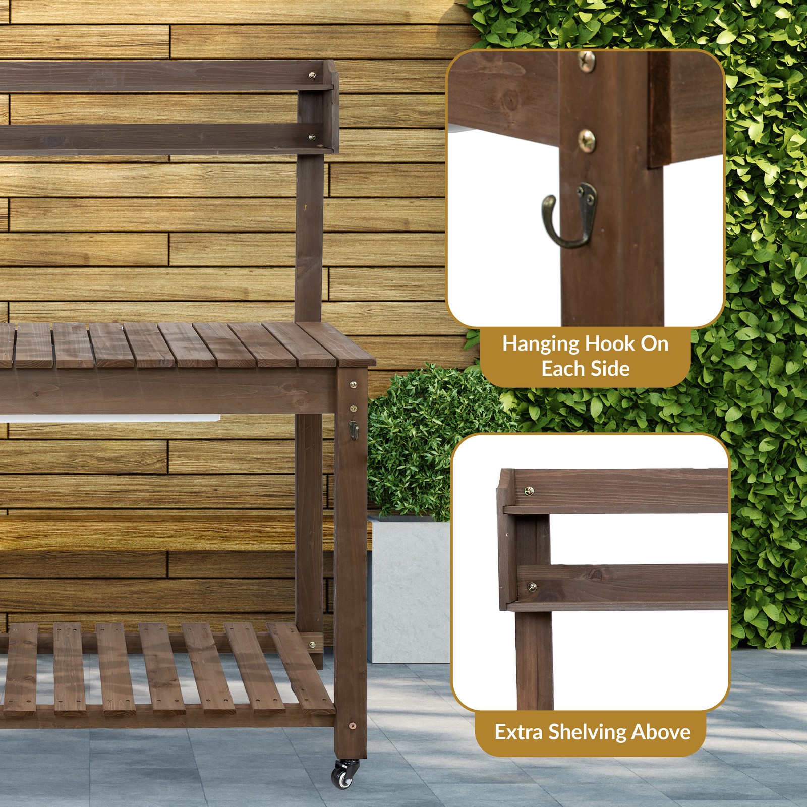 Wheeled Wood Outdoor Potting Bench with Dry Sink - Brown - 39.25" by Sunnydaze