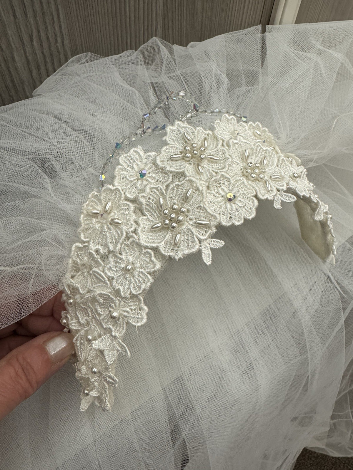 Vintage Bridal Veil And Lace Cap With Beading 1970’s