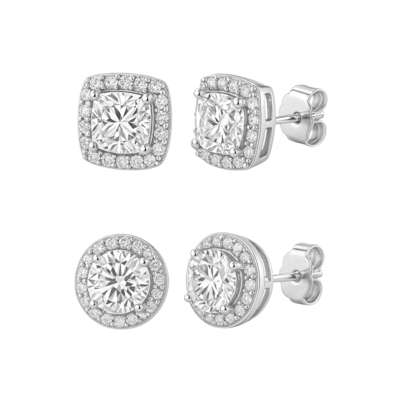2Pair Silver Plated Stud Earrings With Cubic Zirconia For Men, Women, Unisex