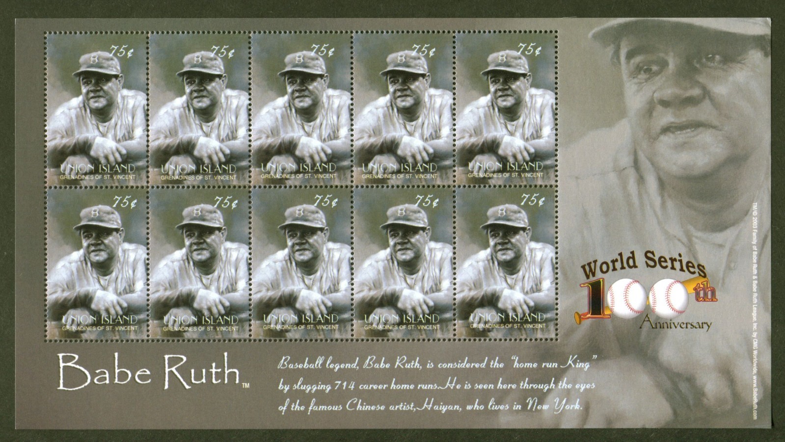 St. Vincent (Union Is.) Scott# 282, Baseball - Babe Ruth, 2004 Sh./10, VF/XF MNH