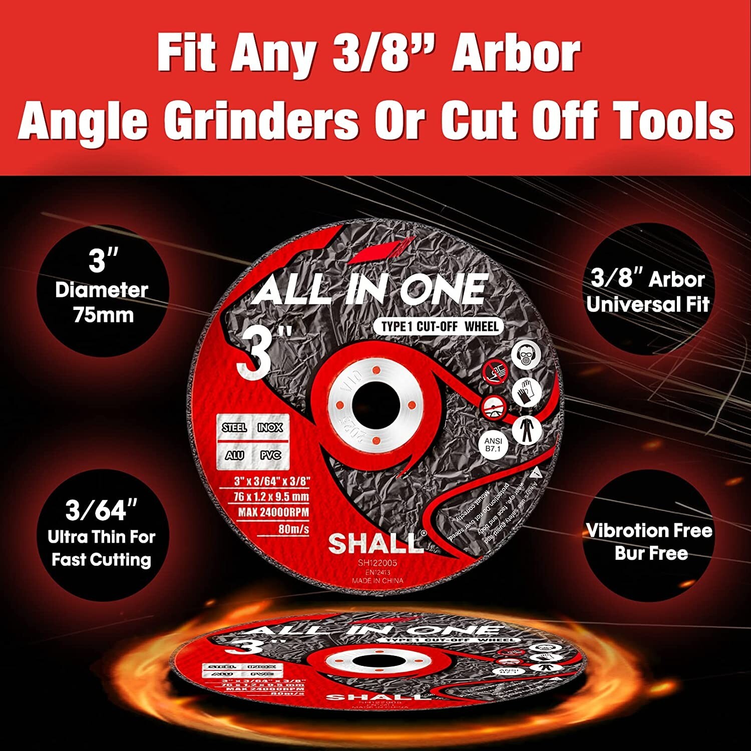 SHALL 25-Pack Cut Off Wheels 3” x 3/8” x 3/64” - Fast Cutting Disc