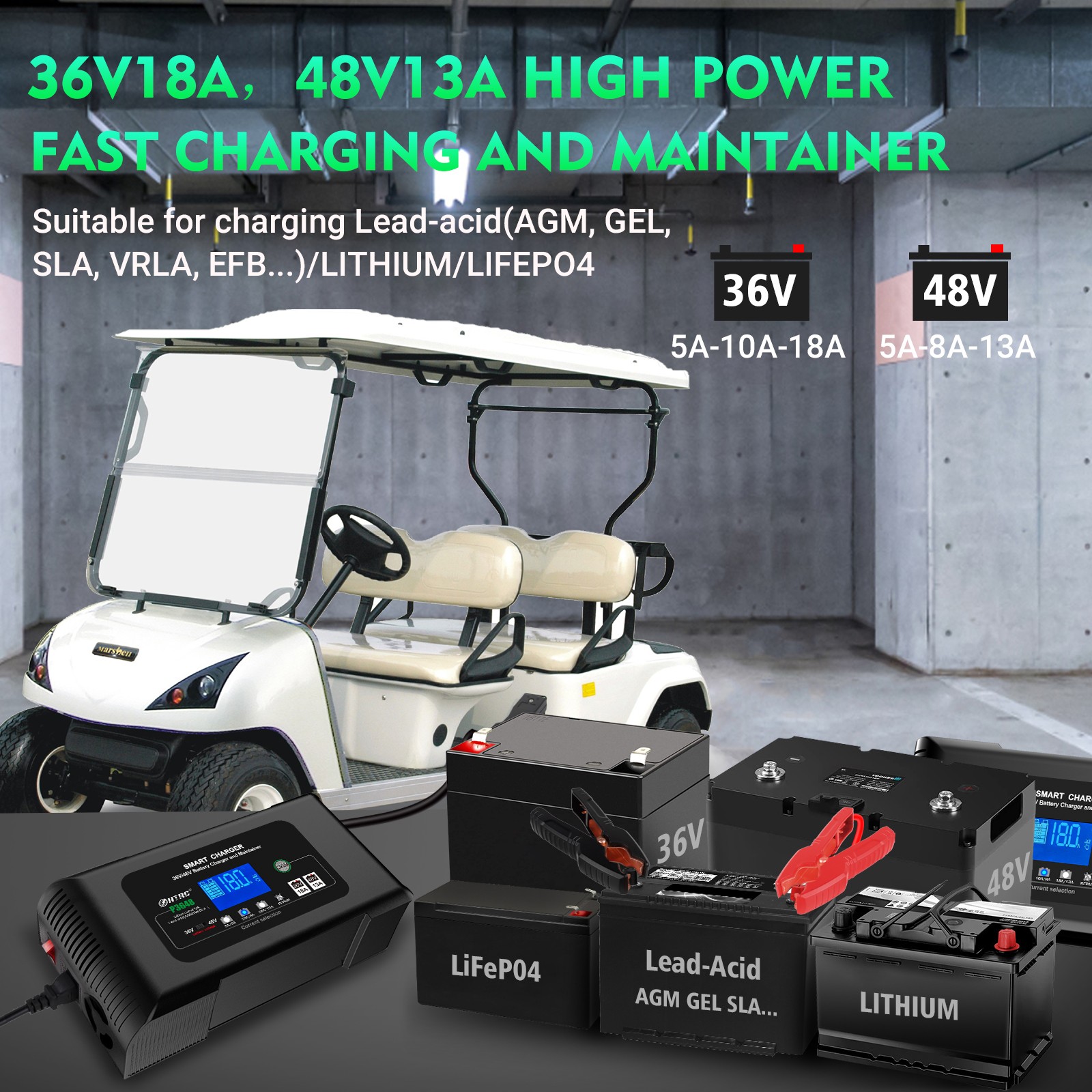 Golf Cart Battery Charger 36V 18A&48V 13A Trickle Charger Lithium,LiFePO4 Charge