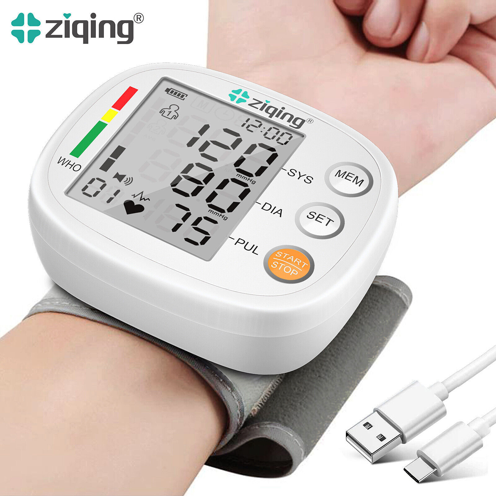 Wrist Blood Pressure Monitor Adjustable BP Cuff Heart Rate Machine Large Screen