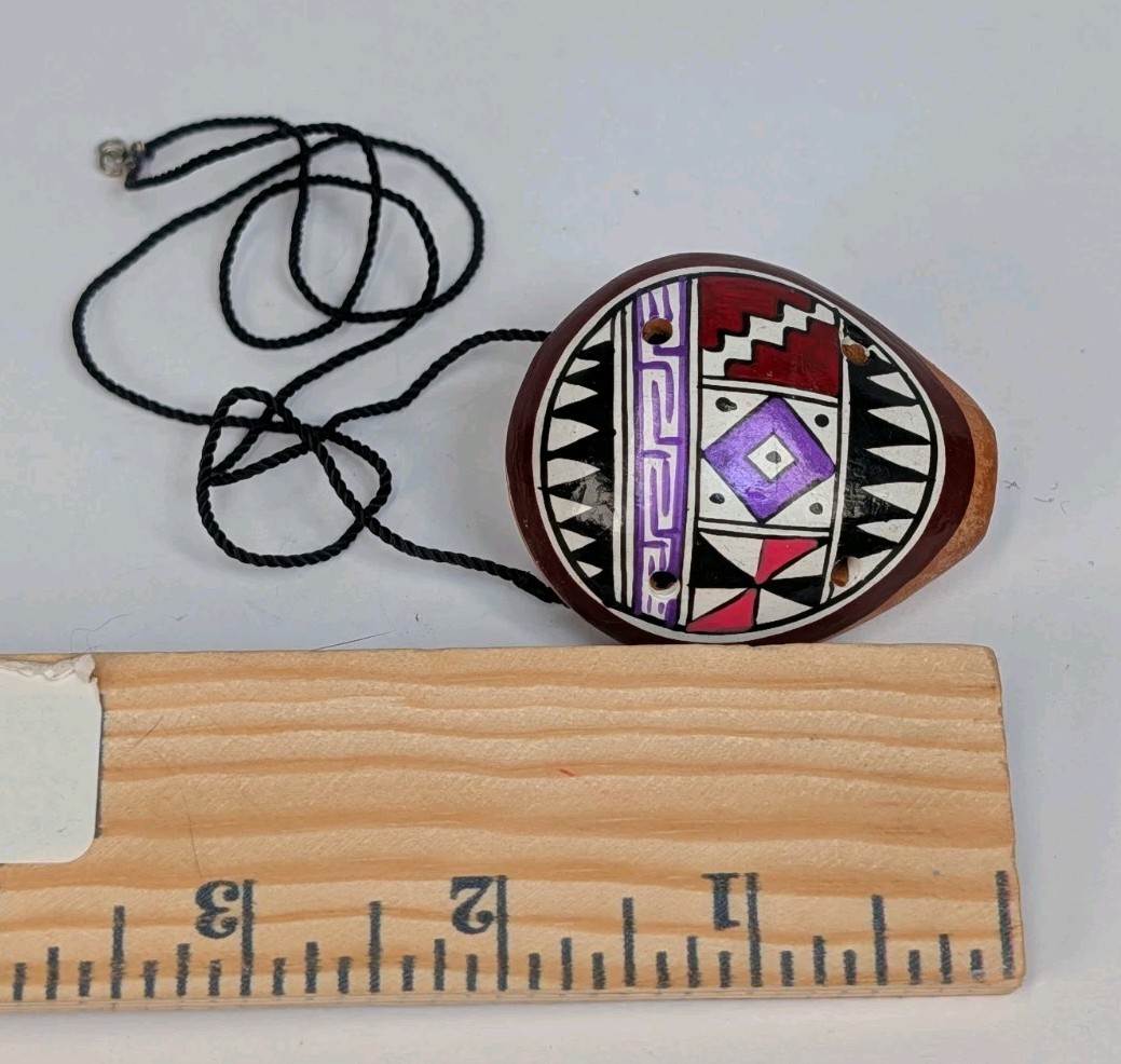 Vintage Handpainted Clay Peruvian Wind Flute / Whistle On Corded Necklace