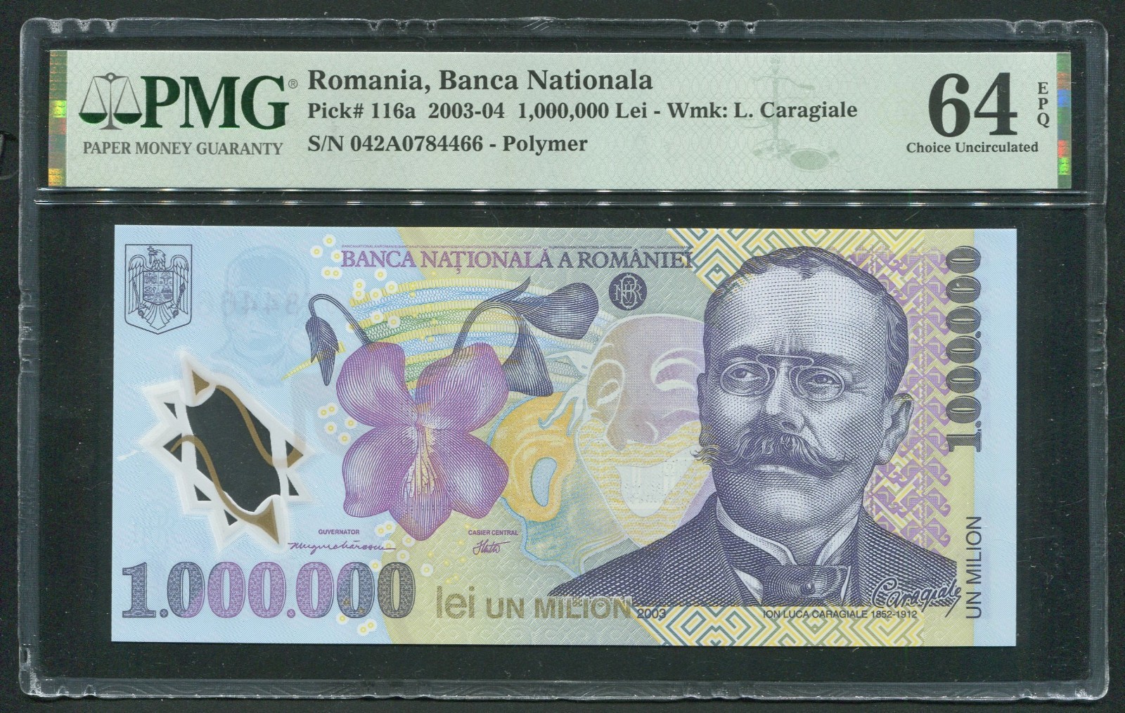 q754 Romania 1000000 lei 2003 ( 2004 ) Polymer NOTE UNC graded PMG 64 EPQ