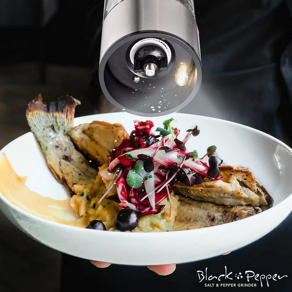 2 Pack Electric Salt Pepper Grinder Mill Shakers Set Adjustable Stainless Steel