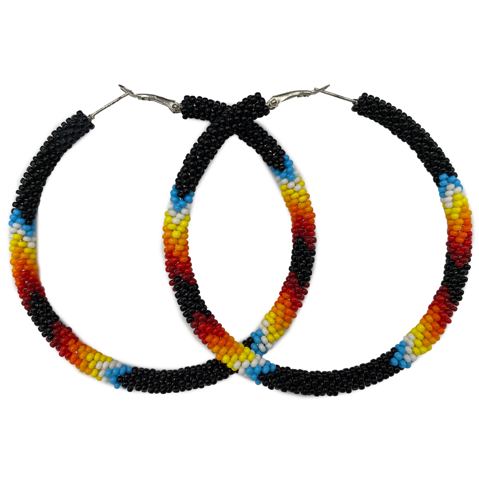 Handmade Beaded Black Fire 3-inch Lever back Hoop Earrings (Black Fire)
