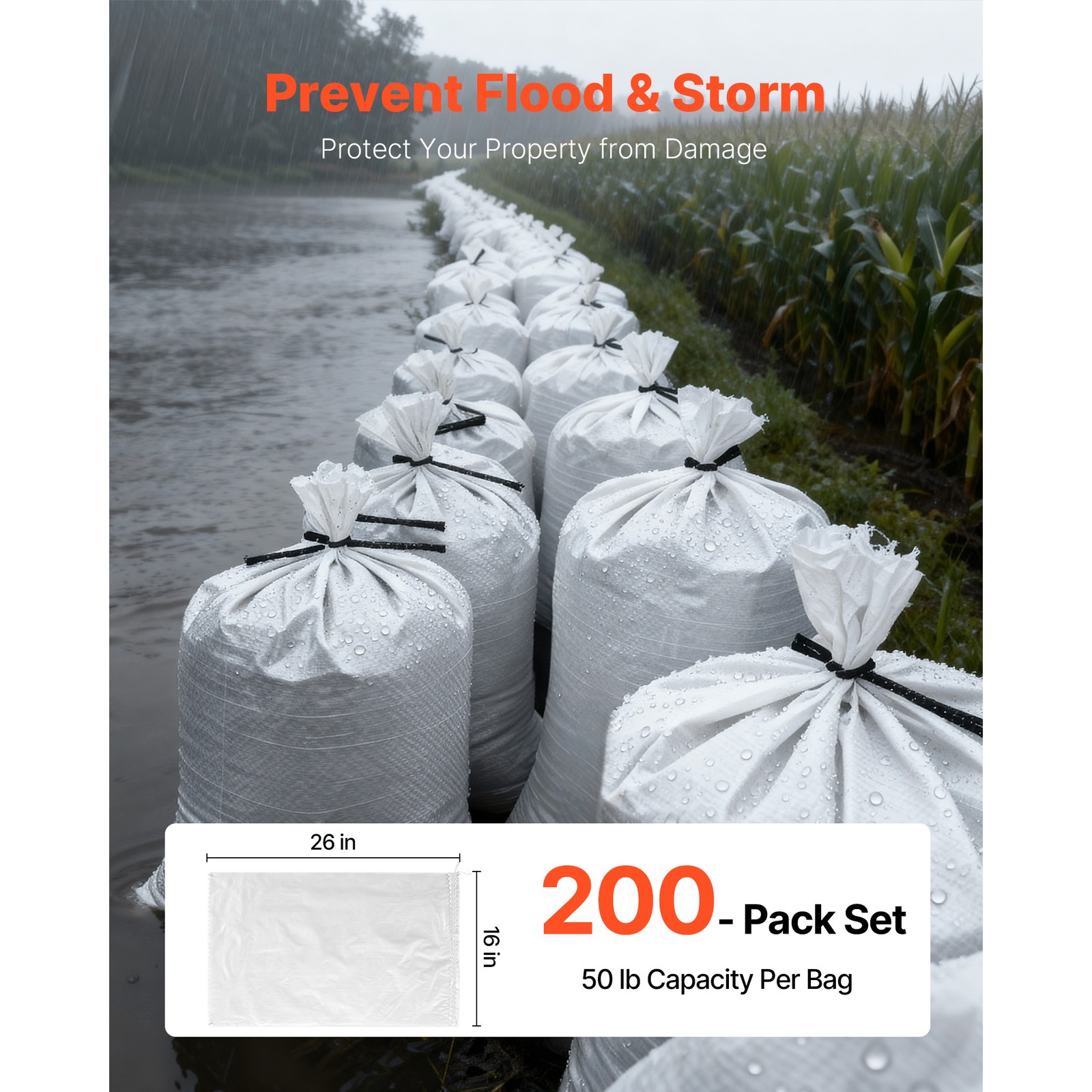 Uimoso 200 Pack Sandbags 16" x 26" with 50lb Capacity Heavy Duty Sand Bags