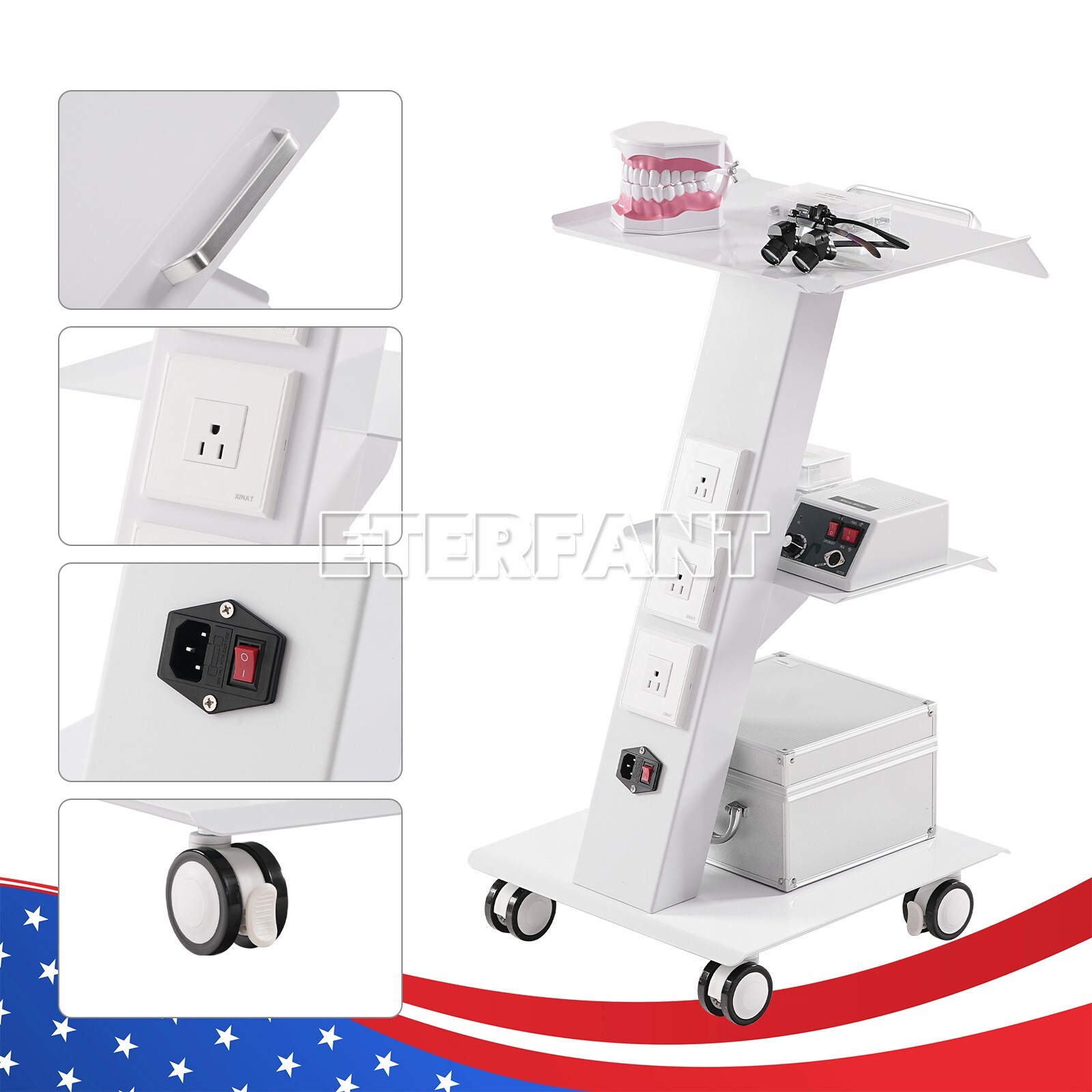 Dental Trolley Mobile Medical Tool Cart Lab Stand 4 Casters Three Layer Serving
