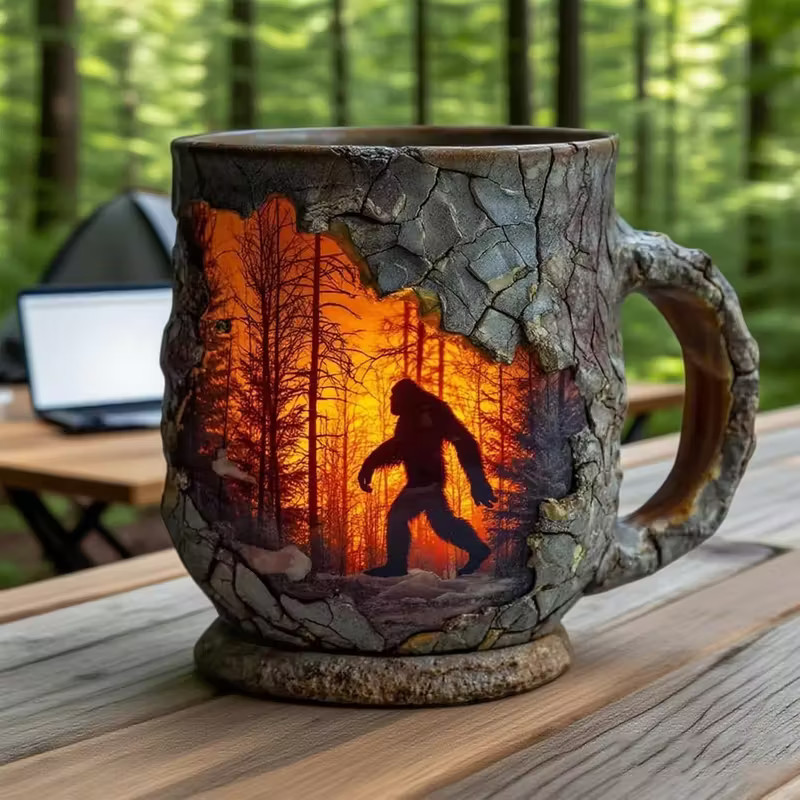 Rustic 3D Bark Coffee Mug - Sasquatch & Forest Fire Design