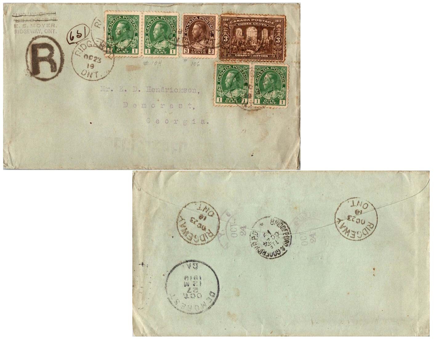 Canada 1c Green (4) and 3c Brown KGV Admiral and 3c 1917 Confederation 1919 Ridg