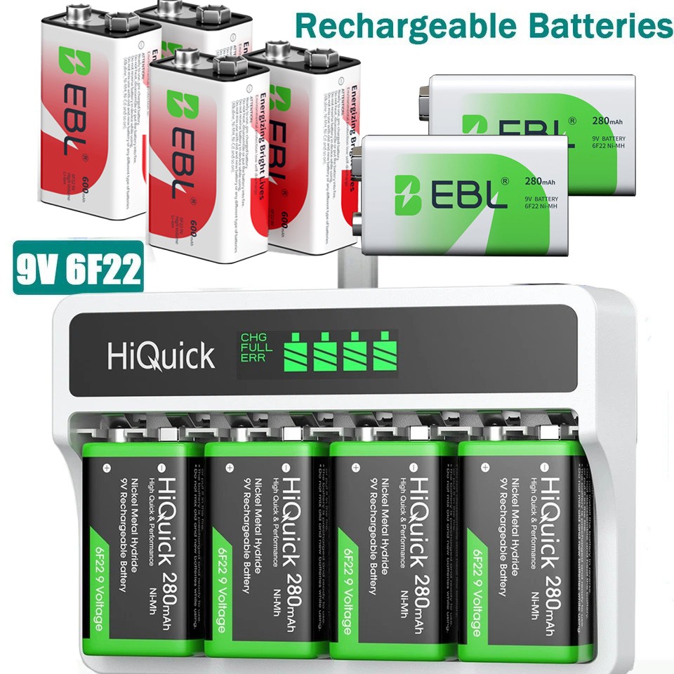 EBL 9 volt Lithium Li-Ion Rechargeable Battery / 9V Ni-MH battery / Charger Lot