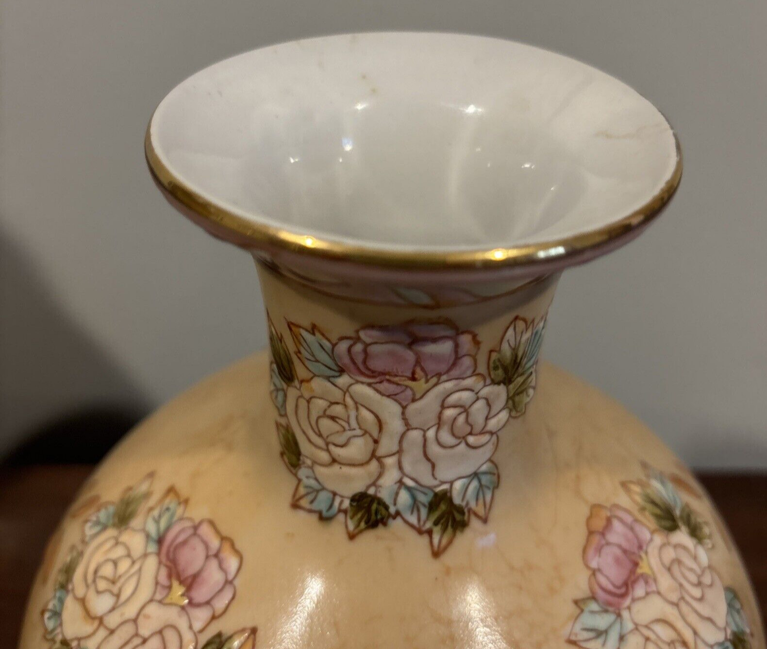 Chinese Porcelain 8" Vase Beige Pastel Embossed Flowers Leaves Pink Peach Blue.