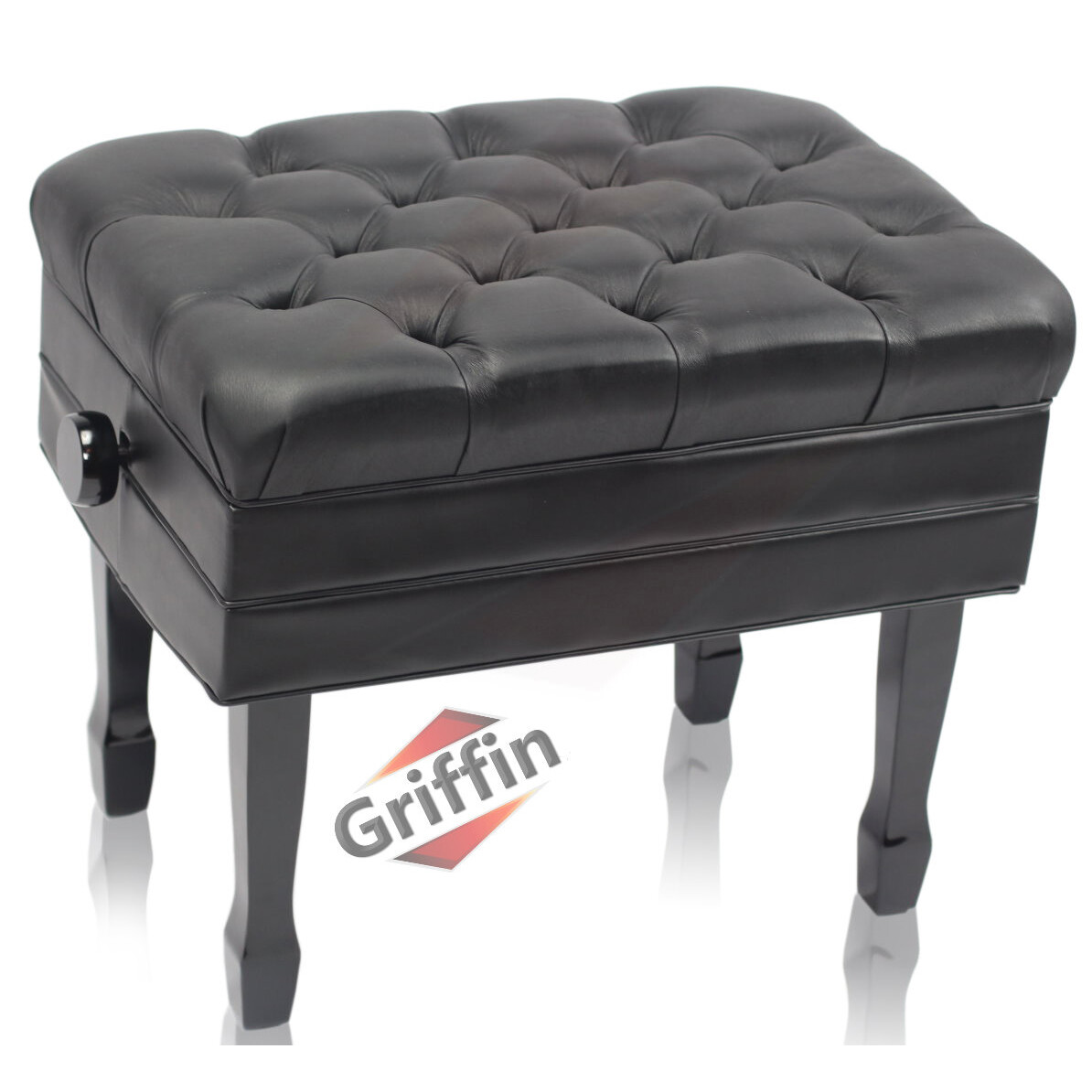 Genuine Leather Adjustable Piano Bench Seat - GRIFFIN Black Wood Keyboard Stool