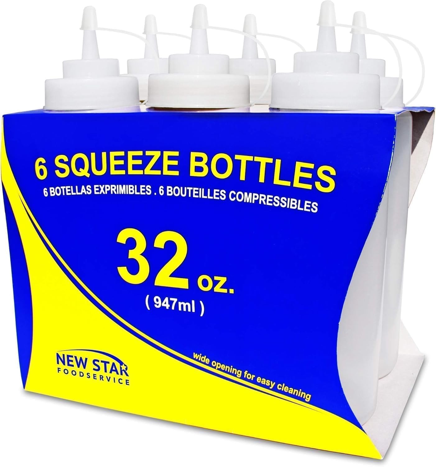 Foodservice Squeeze Bottles, Plastic, Wide Mouth, 32 oz, Clear, Pack of