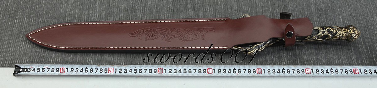 Handmade Exquisite Brass Handle Short Sword Damascus Steel Blade Leather Sheath