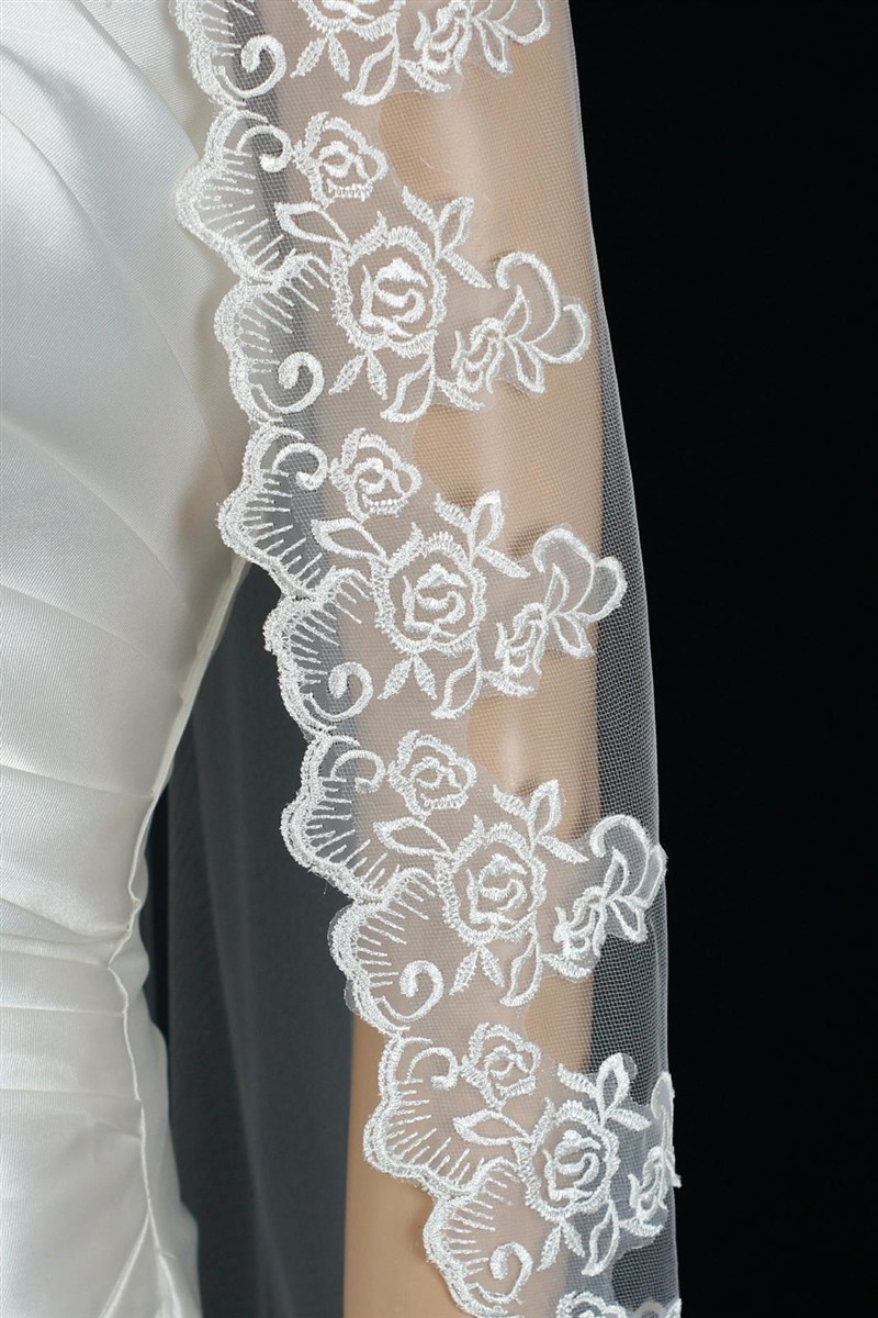 Bridal Wedding Mantilla Veil Ivory 1 Tier Long Cathedral Length With Lace Edge