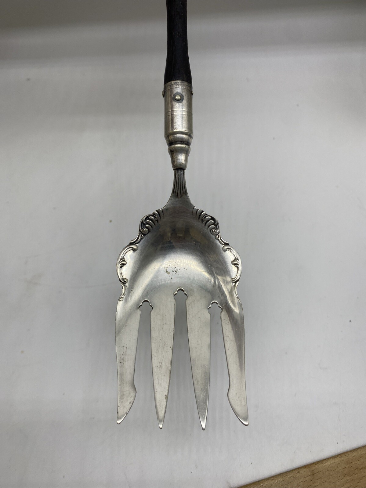 Antique Large Victorian Ornate Silver Serving Fork Wooden Handle 12"