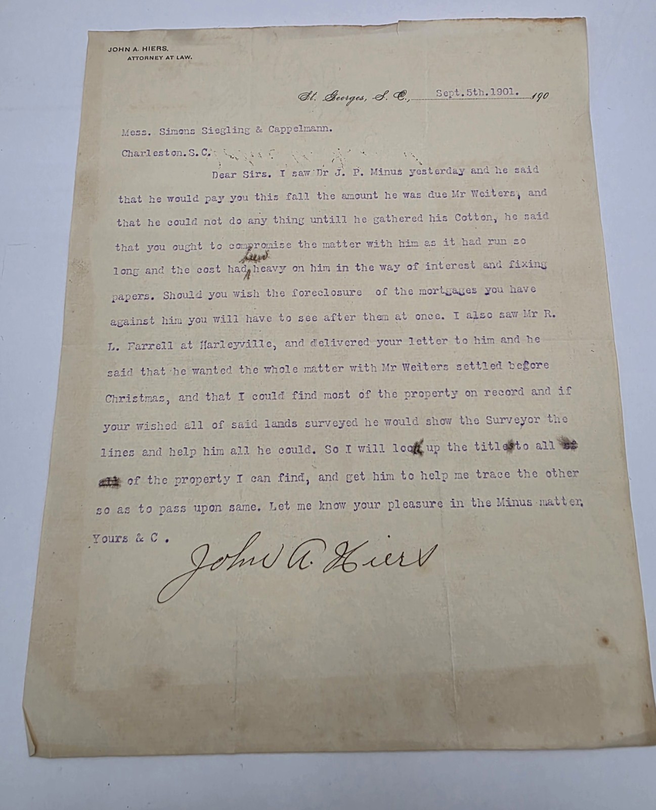 1901 South Carolina Letter Cotton Debt Charleston Dr. J.P. Minus 2 Documents