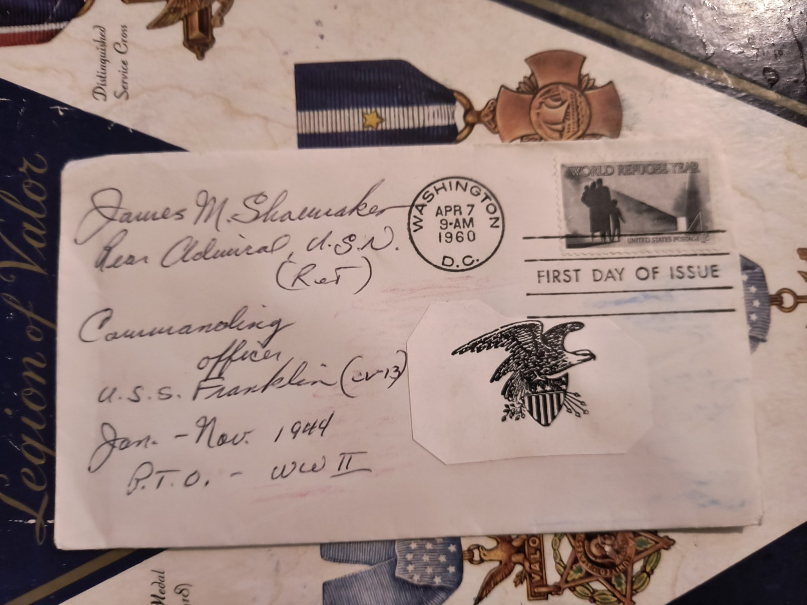 R/Adm. JAMES M. SHOEMAKER C.O. USS Franklin (CV-13) WWII  Signed FDC X-SCARCE