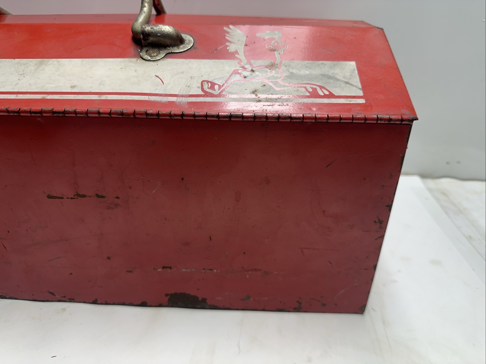 Vintage Metal Tool Box Red with White Road Runner Decal