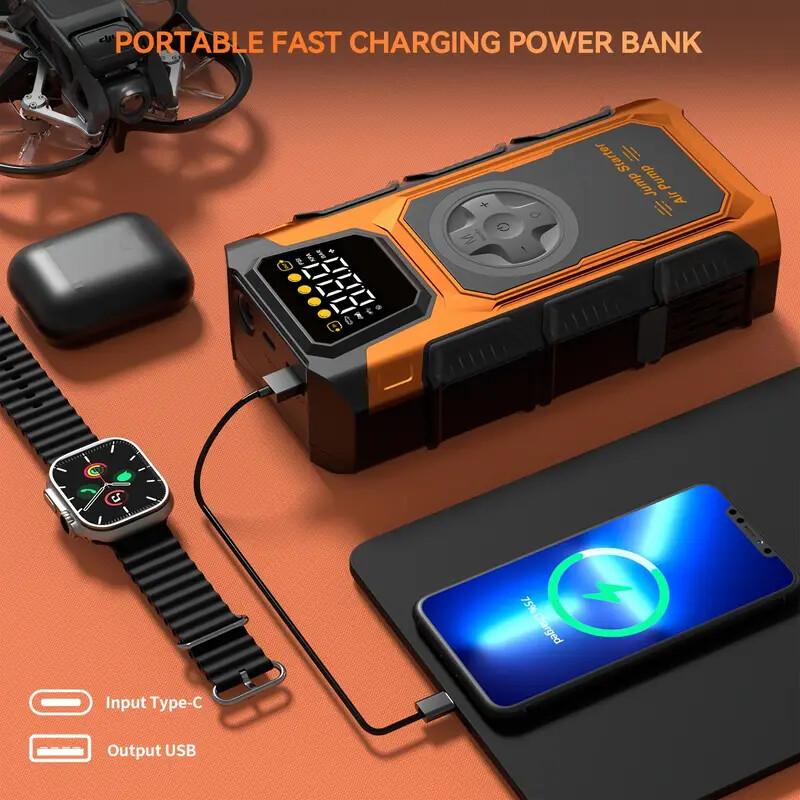 7000A Car Jump Starter With Air Compressor Pack Booster 12V Power Bank With Case