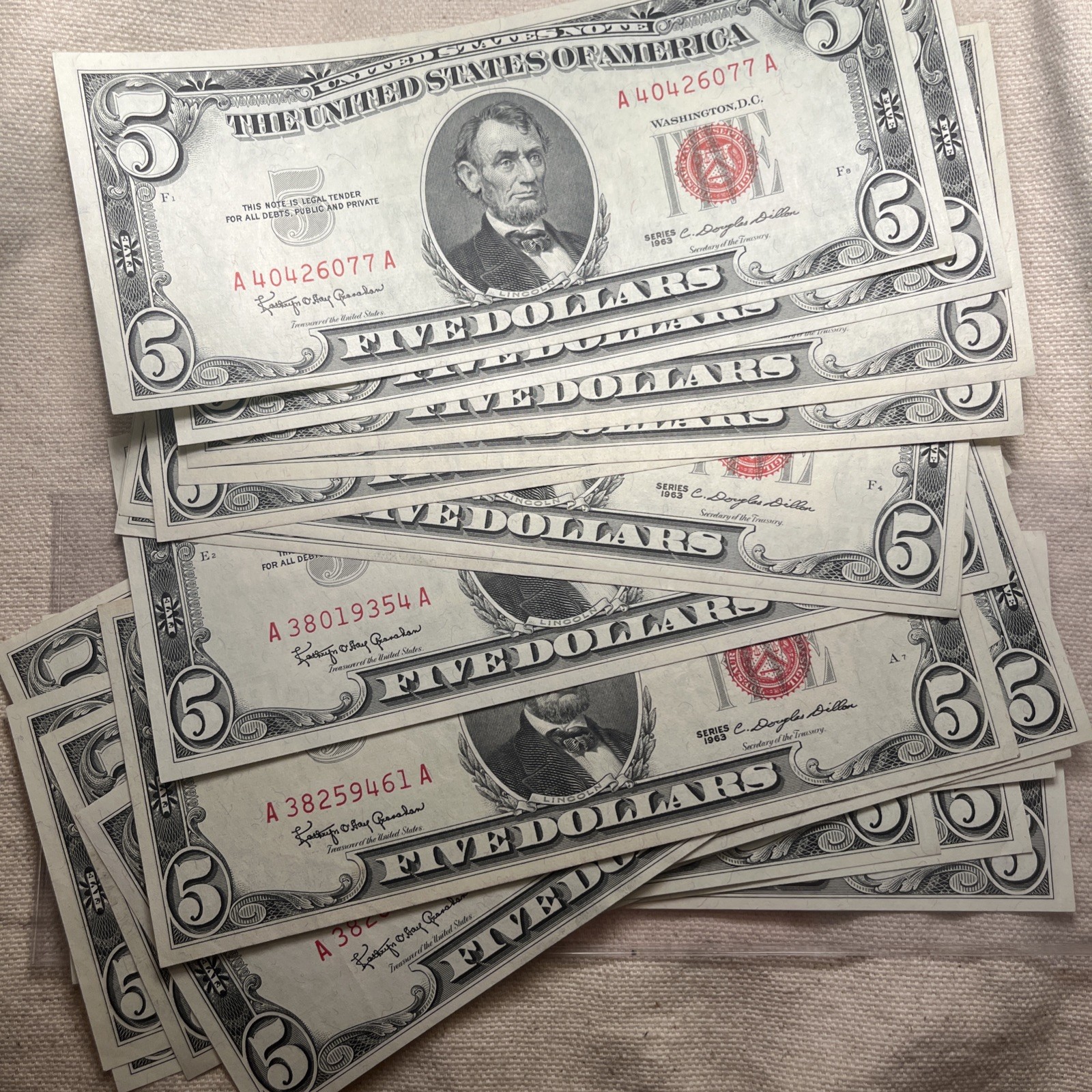 1x 1963 Red Seal $5 Dollars United States Note Signed By Douglas Dillon Crisp