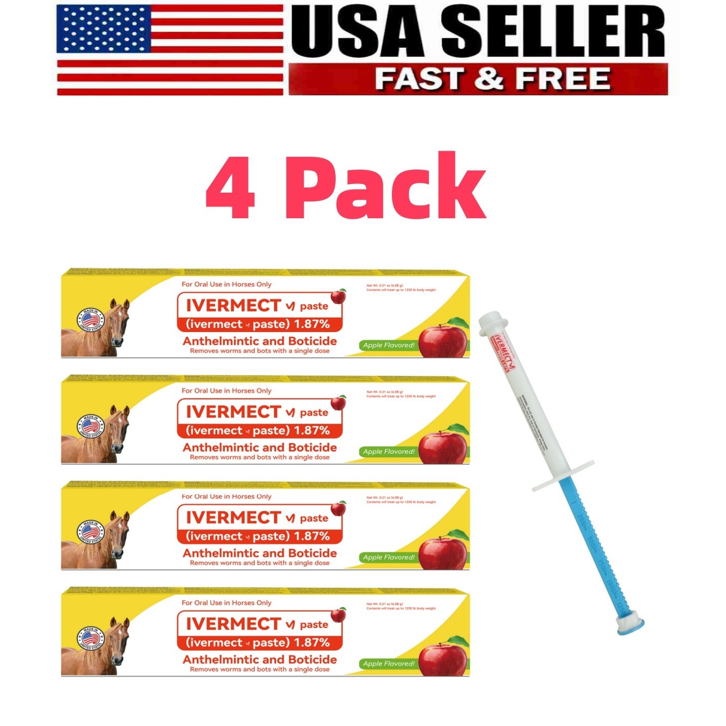 4 Pack Paste Horse Dewormer Apple Flavor Safe Effective Wormer1/2028
