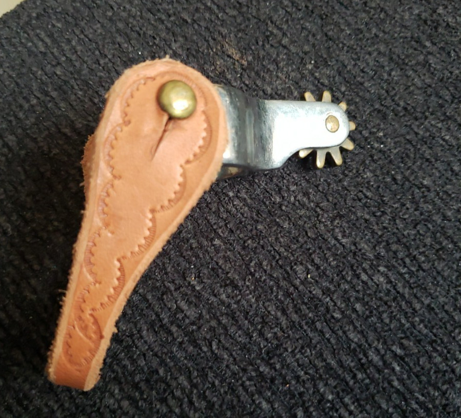 Single Small Kids Western Cowboy Spur Chrome and Brass Tooled Leather