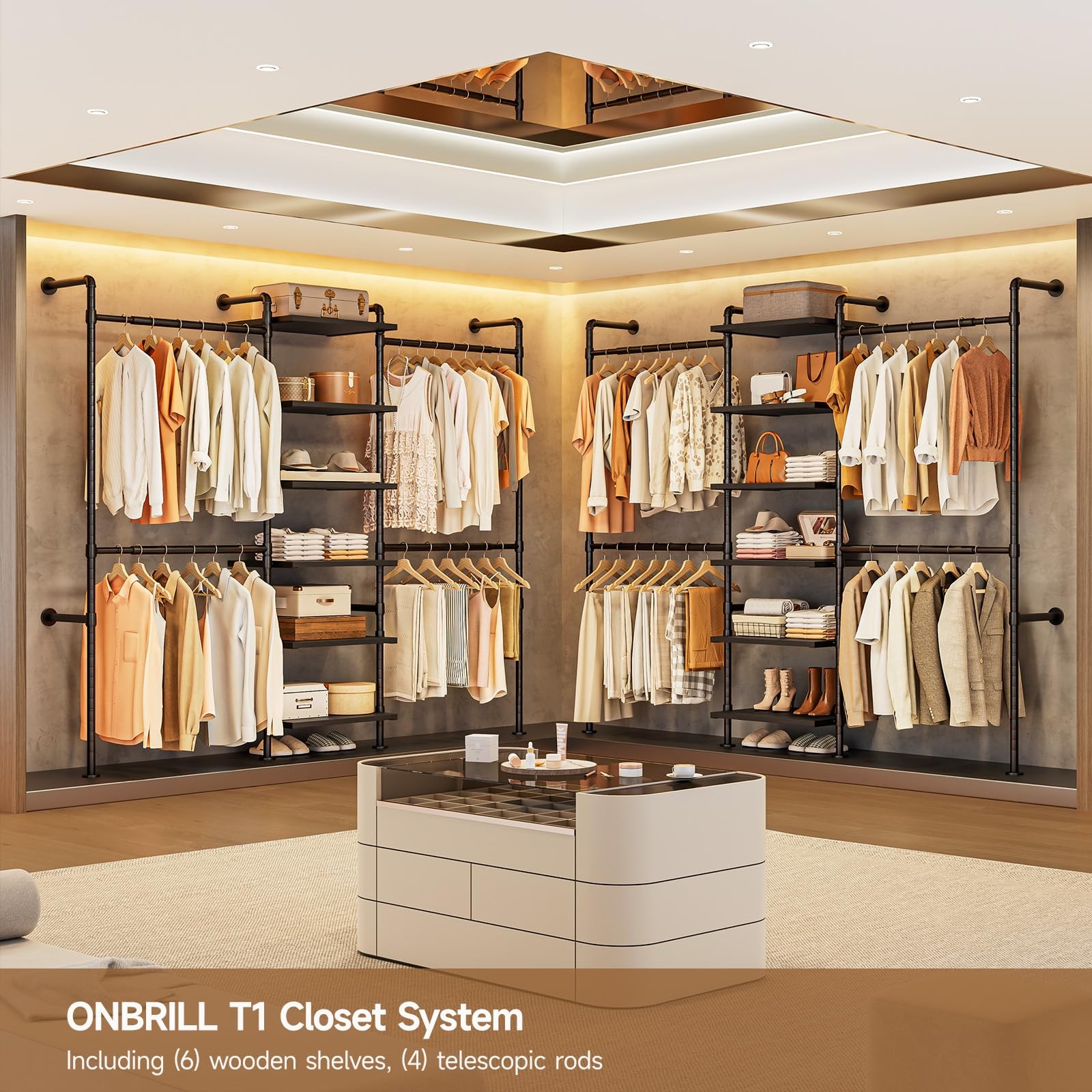 Wall Mounted Closet System 6 Wooden Shelves 4 Telescopic Rods Heavy Duty Black