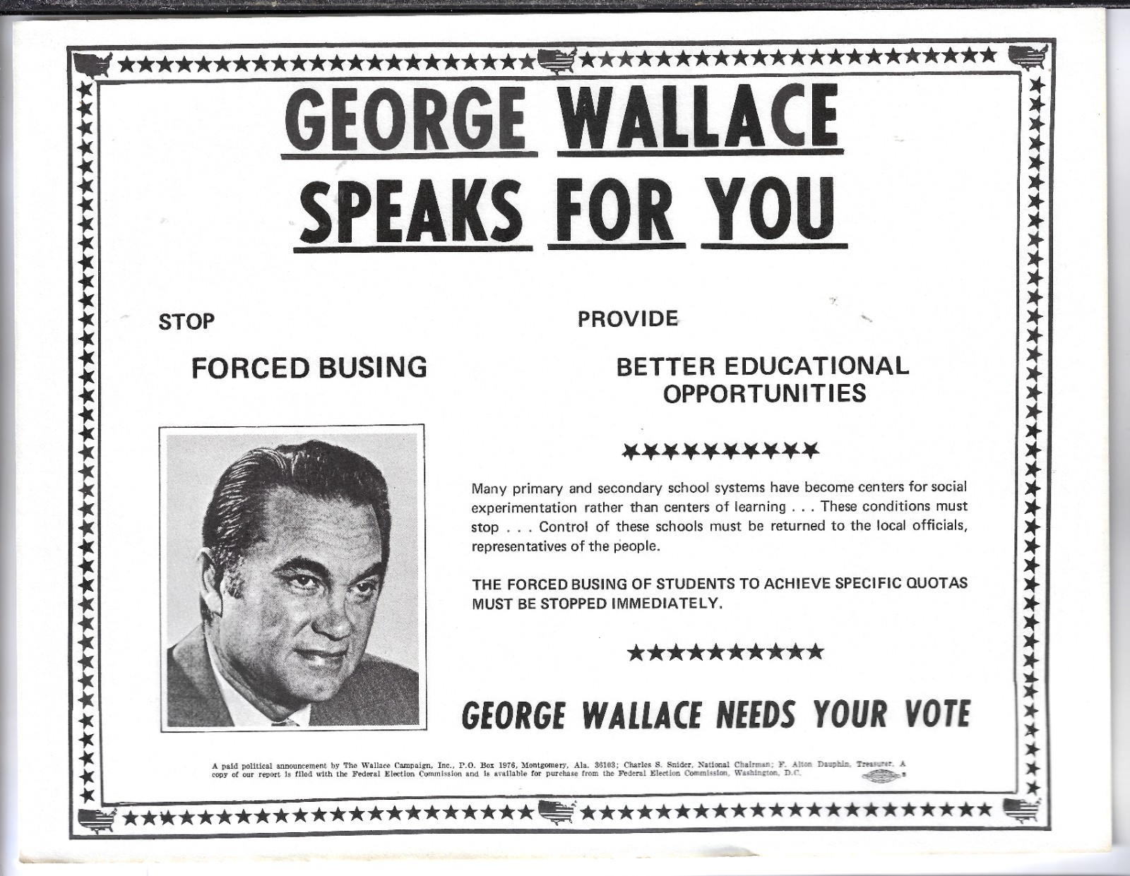 1976 Stop Forced Busing George Wallace Presidential Campaign Frameable Flier