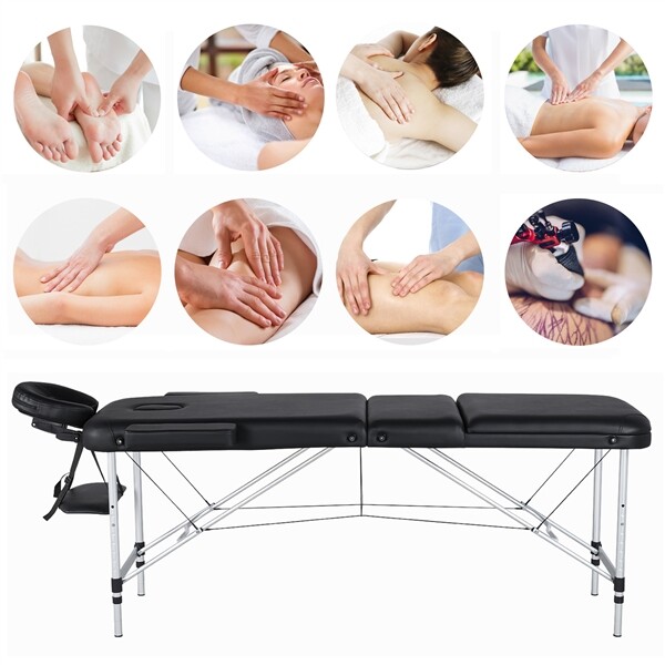 Aluminium Massage Table Portable Beauty Bed 3 Fold Tattoo Bed Black 84'' Renewed