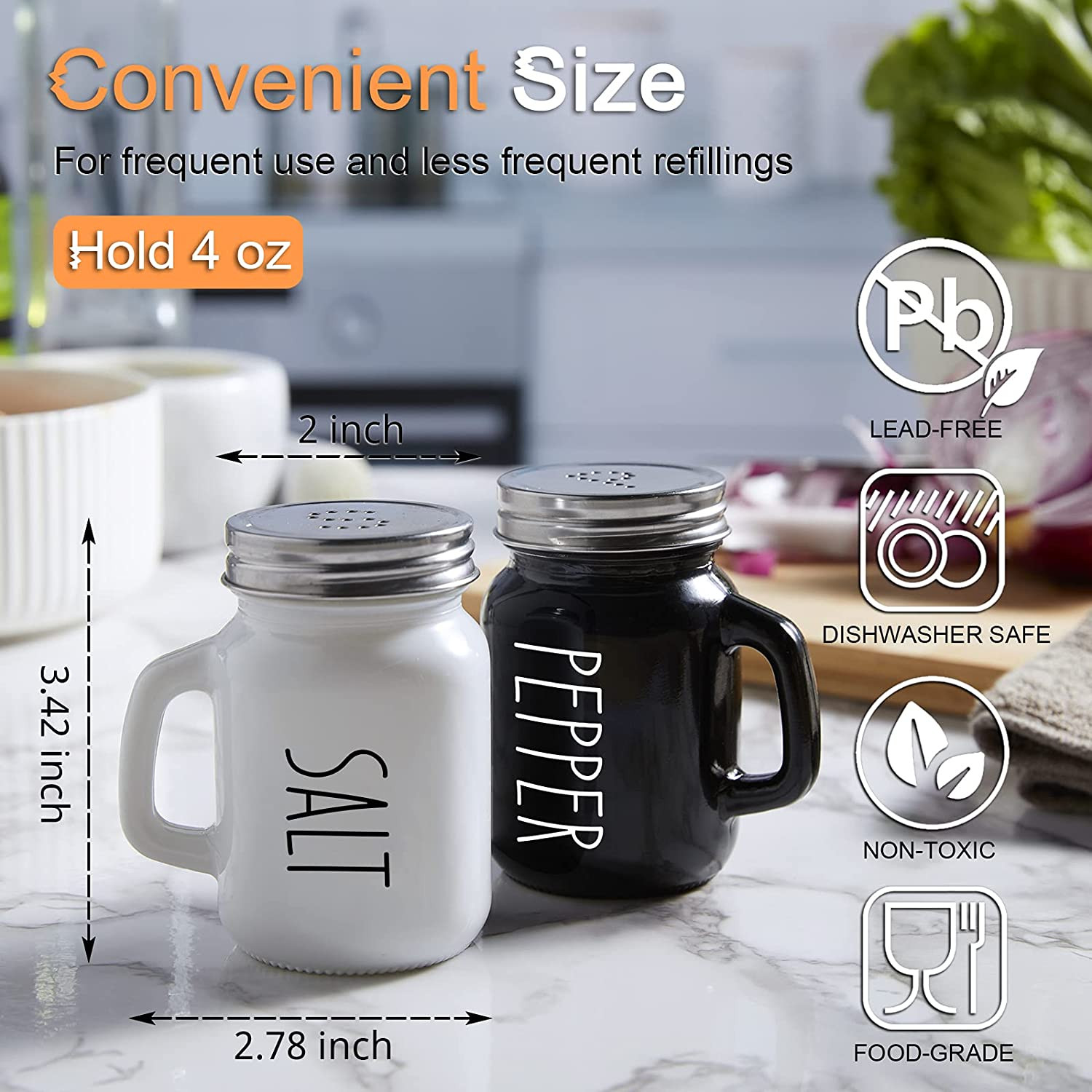 Salt and Pepper Shakers Set, 4 Oz Cute Glass Black White Sets Stainless Lids