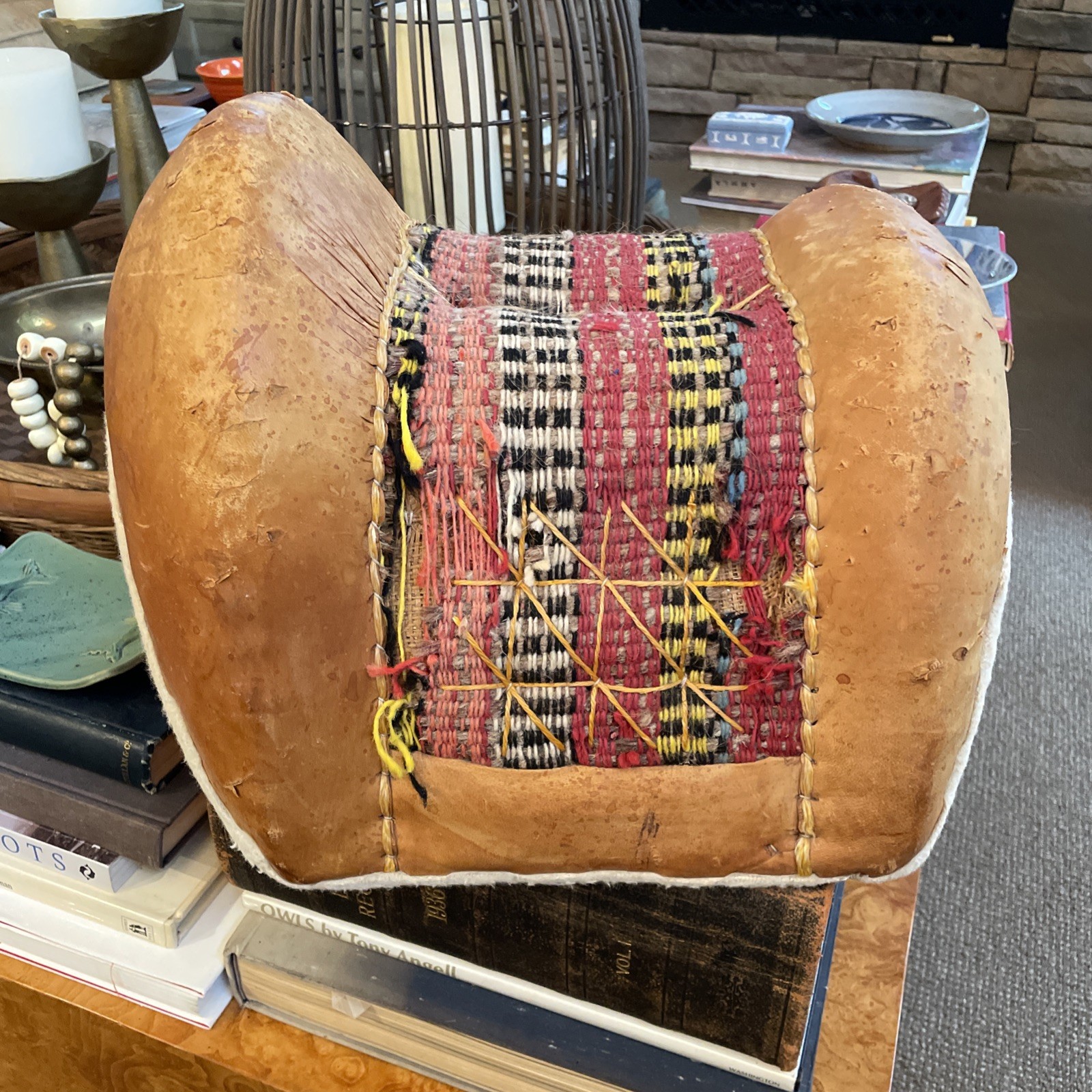 VTG North African Leather Donkey Saddle Woven Textile Tunisia