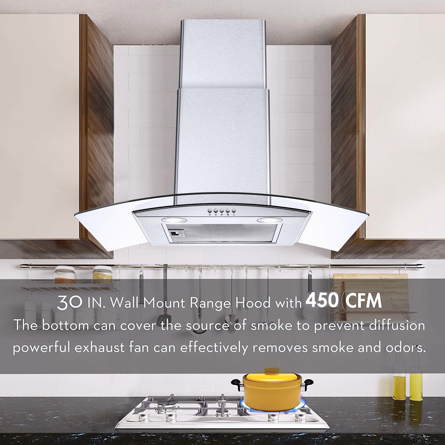 30in Kitchen Wall Mount Range Hood 450CFM Tempered Glass Vented 3-Speed Fan New